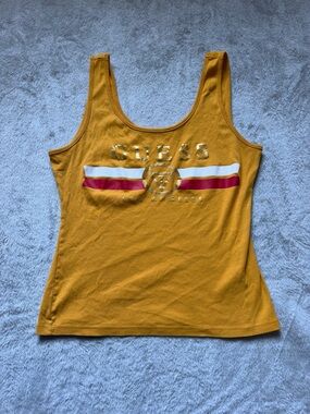GUESS Women's Mustard Logo Tank with Red & White Stripes